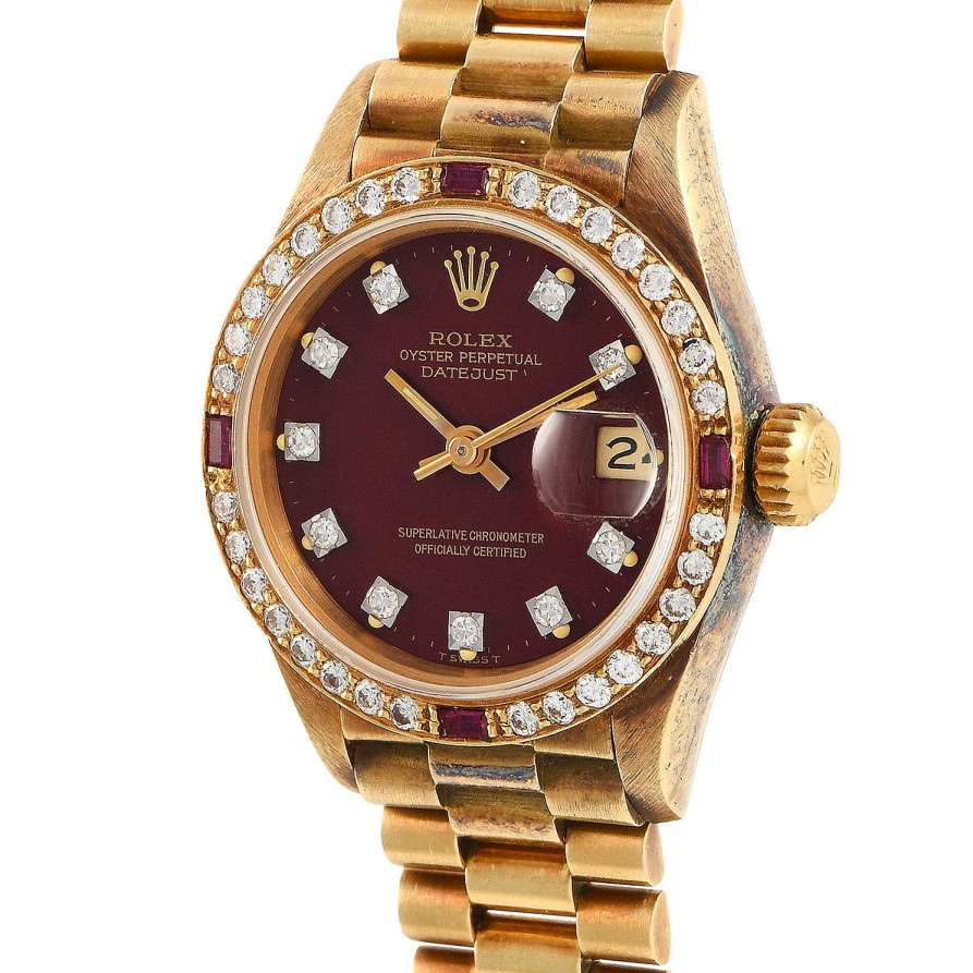 Diamond Watches Rolex | Lady Datejust Ruby Red Dial Diamond Bezel Yellow Gold Watch